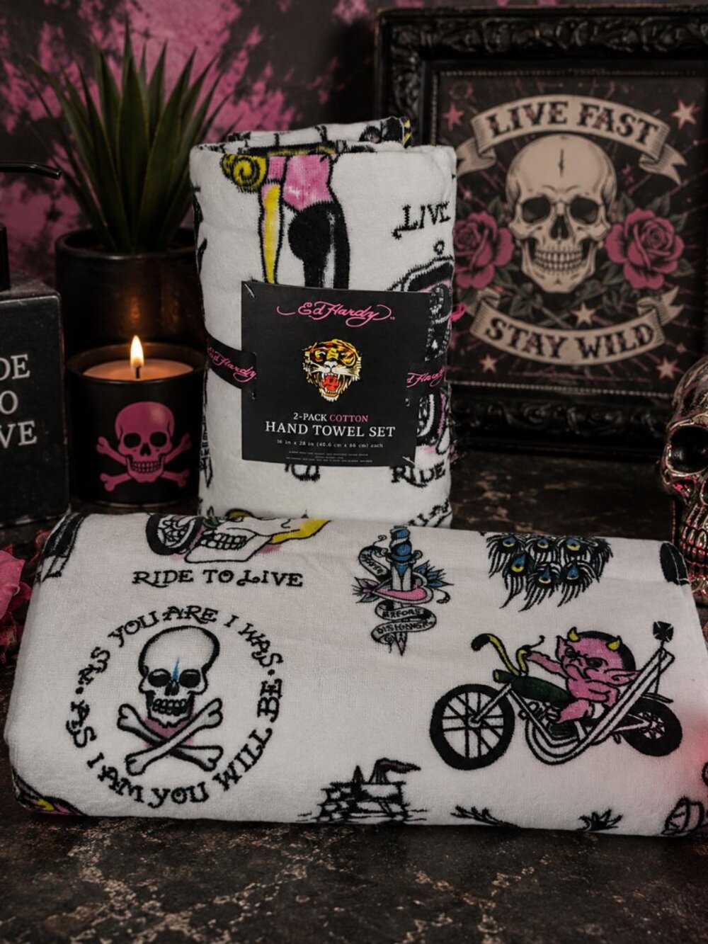 Ed Hardy NWT 3-Piece Towel Set Tattoo Skull Biker Y2K White Cotton